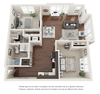 Two bedroom, two bathroom three-dimensional floor plan layout with balcony. One bedroom has an on-suite.